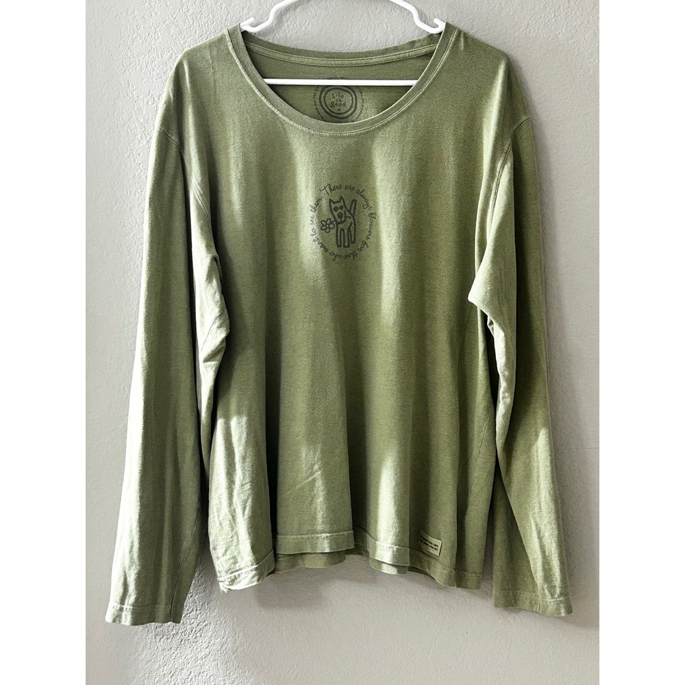 Life is Good Womens XL Green Dog Graphic Long Sleeve T-Shirt Cotton Blend